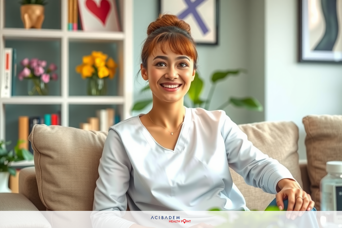 The image shows a person seated on a couch in what appears to be a modern, cozy living room. The individual is wearing a light-colored top and has a pleasant expression. There are decorative items such as framed artwork and potted plants around the room, suggesting an interior design setting or concept for lifestyle content.