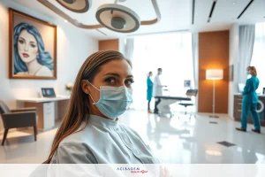 The image depicts a professional medical setting. In the foreground, there is a female doctor wearing surgical scrubs and a face mask. She has blonde hair and is looking towards the camera with a slight smile.