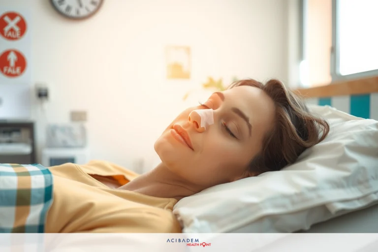 When to Use Afrin Nose Spray After Deviated Septum Surgery The image shows a young woman lying in a hospital bed, with her head slightly elevated on two pillows. She is wearing an nose tape and appears to be resting or possibly undergoing medical treatment. The room has clinical wall paintings, which suggests she might be in a healthcare facility.