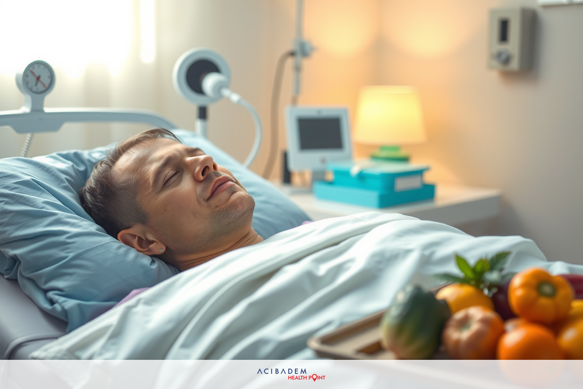 This is an image of a man lying in a hospital bed. He is hooked up to medical equipment, possibly receiving treatment or recovering from an illness. On the table beside him are various pieces of fruit, suggesting that he might be receiving some nutritional support as part of his care.