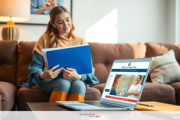 The image shows a woman sitting on a couch with her laptop open in front of her. On the screen, there appears to be a presentation or web page being viewed by the woman. The environment suggests an indoor setting, possibly a living room, and it seems like she is engaged in work or studying.