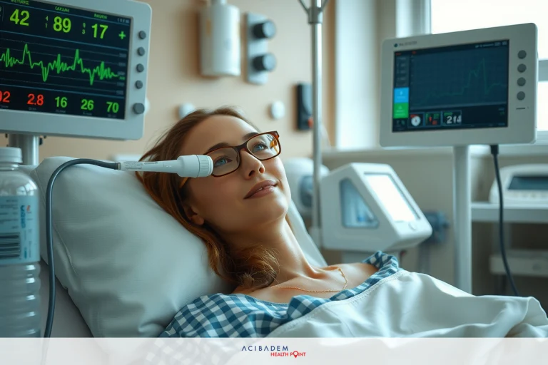 A woman is lying in a hospital bed with medical monitors around her. The environment suggests a healthcare setting, possibly an ICU or critical care unit. Her outfit consists of a plaid blue dress and she wears glasses. There are various pieces of medical equipment visible in the scene, including what appears to be a ventilator connected to her. The focus is primarily on her expression and the equipment around her.