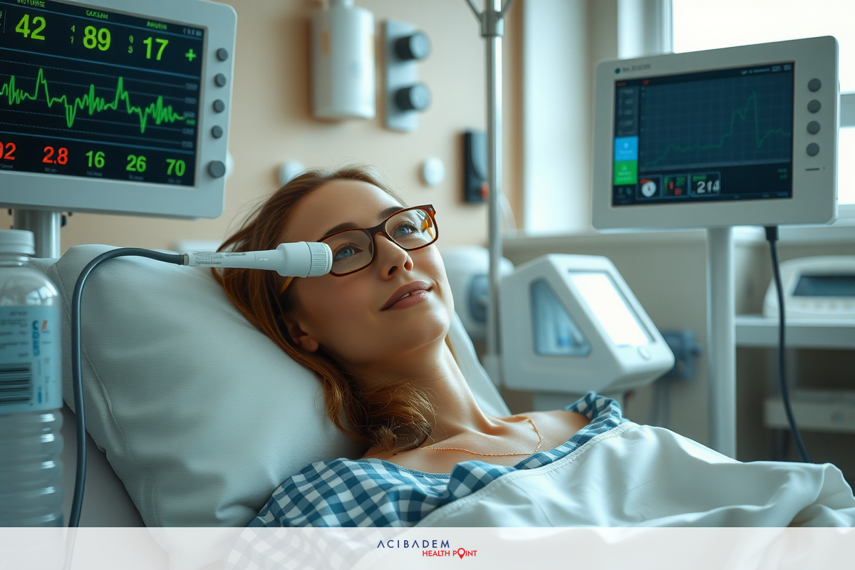 A woman is lying in a hospital bed with medical monitors around her. The environment suggests a healthcare setting, possibly an ICU or critical care unit. Her outfit consists of a plaid blue dress and she wears glasses. There are various pieces of medical equipment visible in the scene, including what appears to be a ventilator connected to her. The focus is primarily on her expression and the equipment around her.