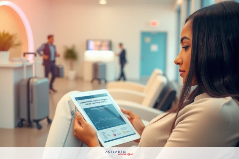 The image features a young woman sitting in what appears to be an airport or travel hub. She is using a tablet computer and seems focused on the screen, possibly viewing flight information or reading news. The environment has modern decor with blue tones and bright lighting, suggesting a clean and contemporary space.