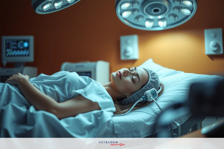 Plastic Surgery Las Vegas Rhinoplasty The image shows a woman lying in a hospital bed, connected to medical equipment. She is wearing a surgical cap and appears to be resting or recovering from a procedure. The environment suggests a medical facility with bright lighting and clinical equipment visible around her.