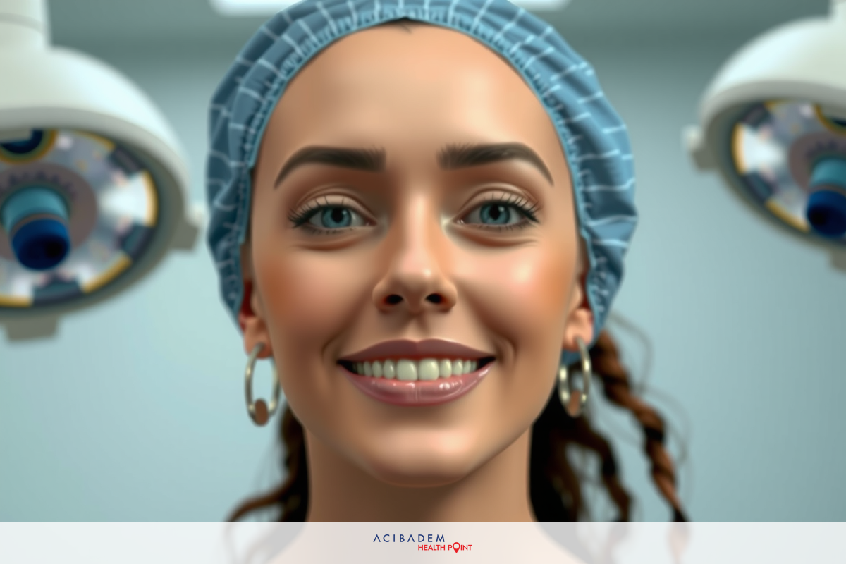 Woman in surgical cap and blue scrubs smiling at camera with medical equipment behind her. Bright, clean environment suggesting a clinic or hospital.