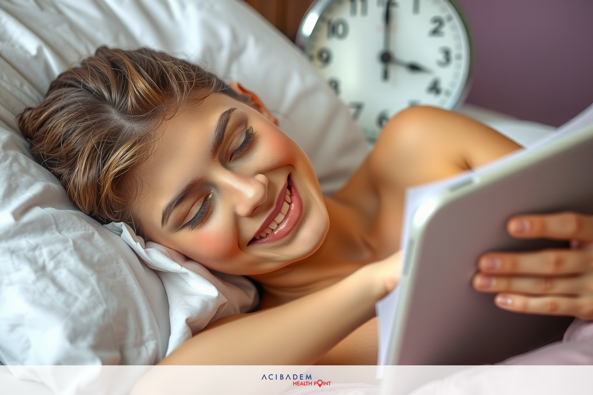 A woman is lying down in bed, wearing only underwear, with a tablet computer in her hands. She's smiling and looking content, suggesting she's enjoying whatever she's reading or viewing on the device.