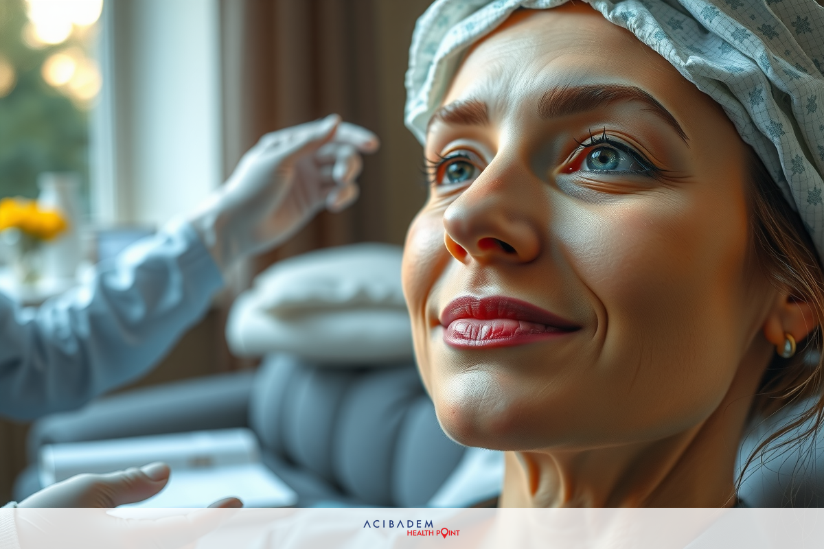 A woman with a smile on her face, receiving medical care in a clinical setting. She is seated and has a white cloth draped over her chest and shoulders.