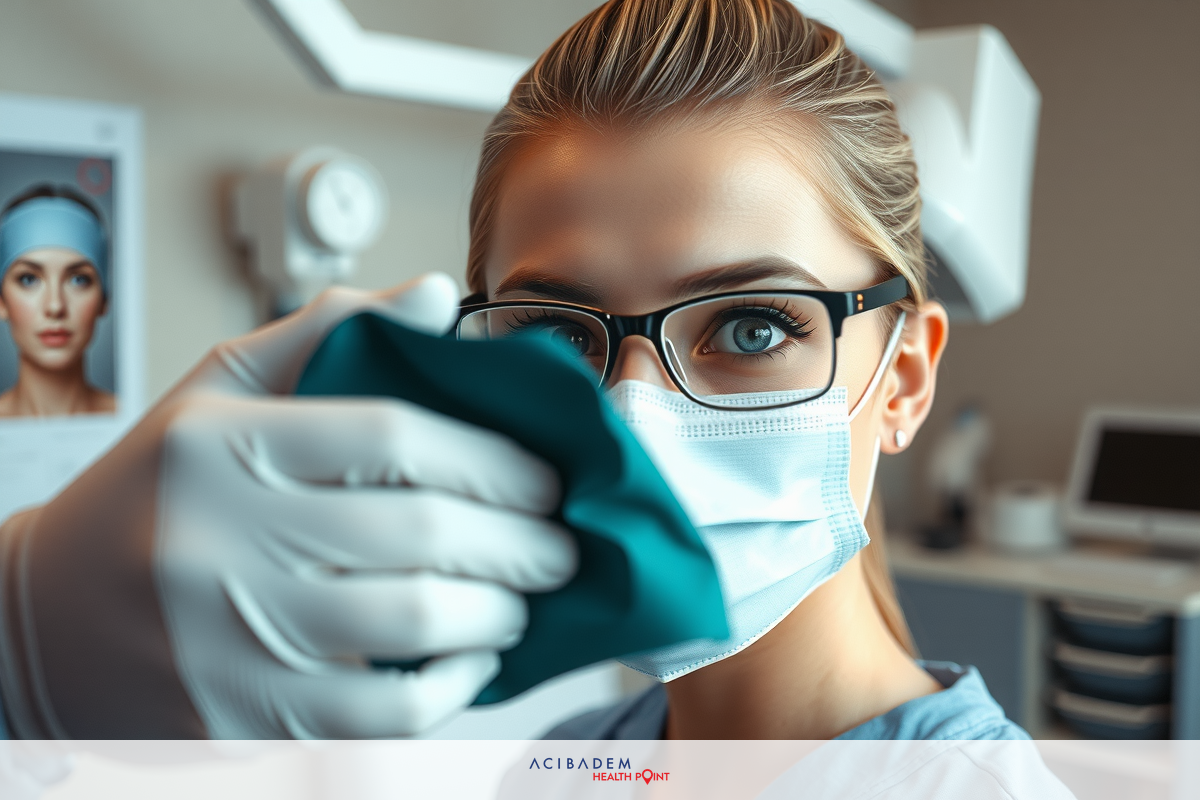 Image features a plastic surgeon, wearing full protective gear including gloves and face mask. The individual is focused on examining the nose of a patient seated in a medical chair.