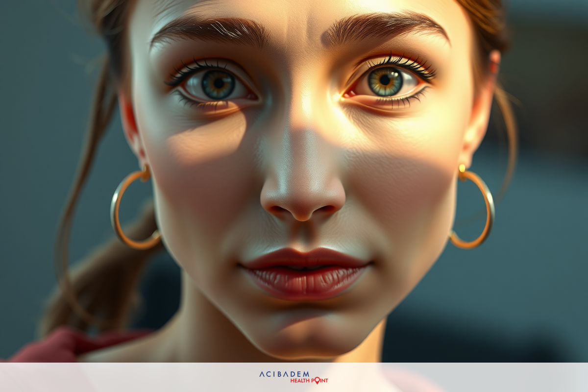 A woman with a contemplative expression, looking at the camera. She has a neutral palette around her eyes, contrasting with her lips that are shades of pink and red.