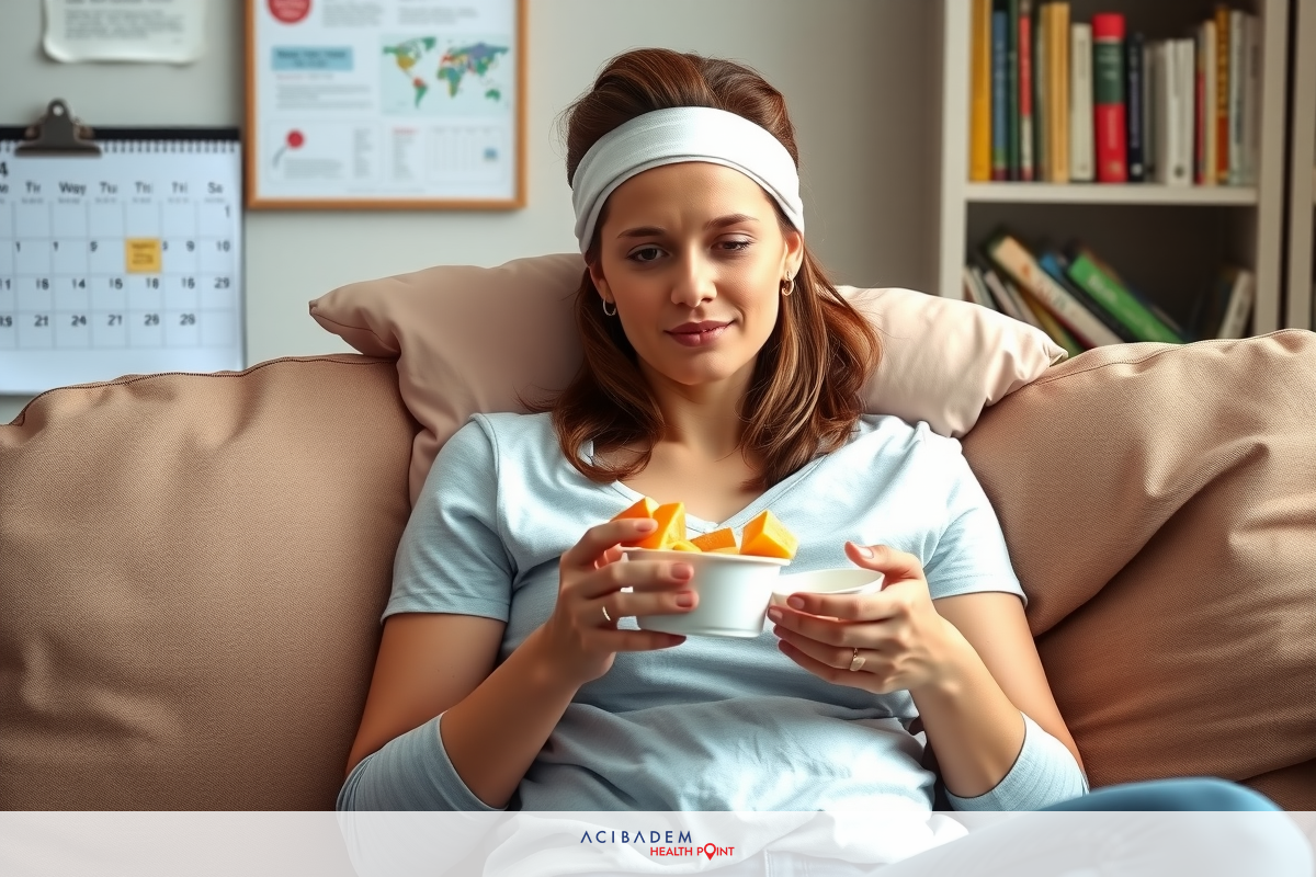 A woman sitting on a couch, looking at her bowl of fruit, possibly enjoying a healthy snack in a cozy home setting.