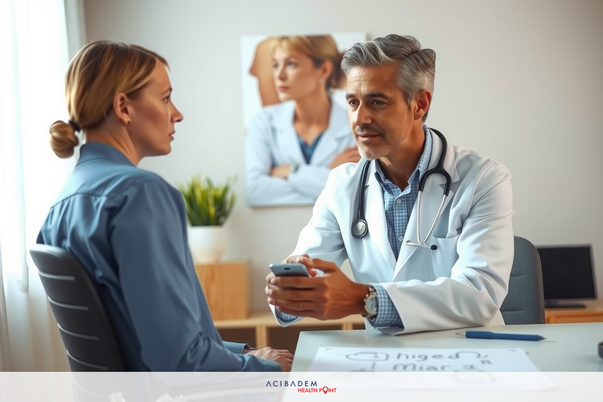 A doctor in a white coat is seated at a desk, talking to a patient. The doctor's chair is positioned in front of the patient's seat. Both individuals are looking at each other while having a conversation.