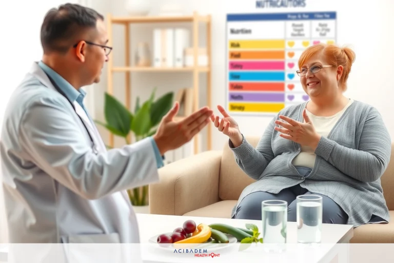 A doctor is talking with a woman, who appears to be his patient. The wall behind them displays nutritional guidelines. They are in a well-lit office setting.