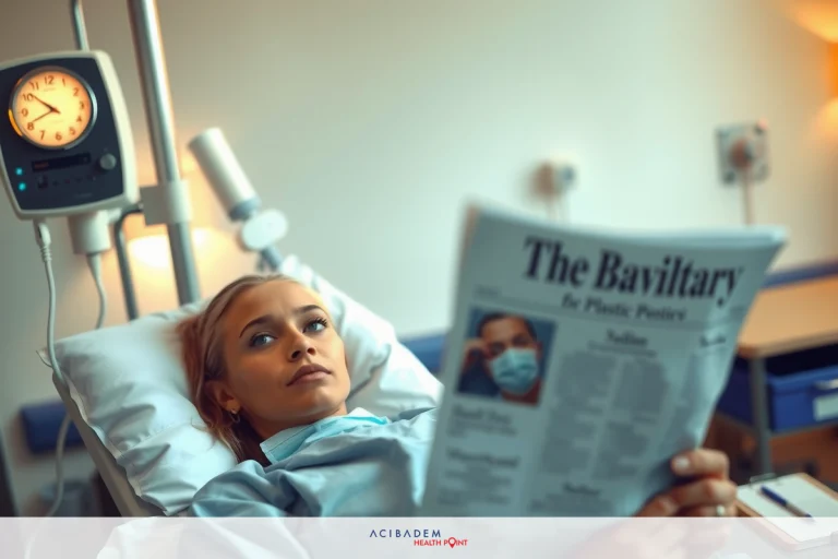 The image depicts a woman lying in a hospital bed, reading a newspaper. The environment suggests she is being monitored as there are medical devices around her. Her focus appears to be on the newspaper, possibly as a means of distraction or entertainment during her stay in the hospital.