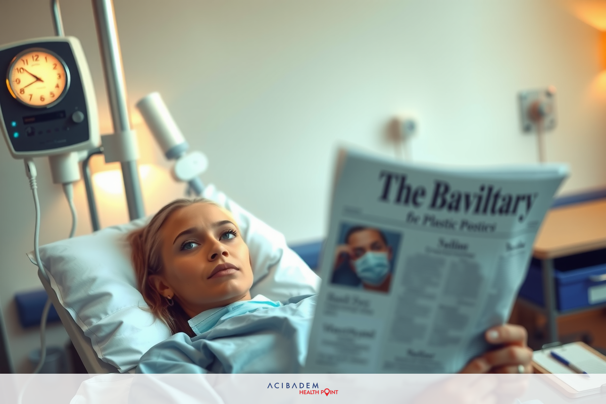 The image depicts a woman lying in a hospital bed, reading a newspaper. The environment suggests she is being monitored as there are medical devices around her. Her focus appears to be on the newspaper, possibly as a means of distraction or entertainment during her stay in the hospital.
