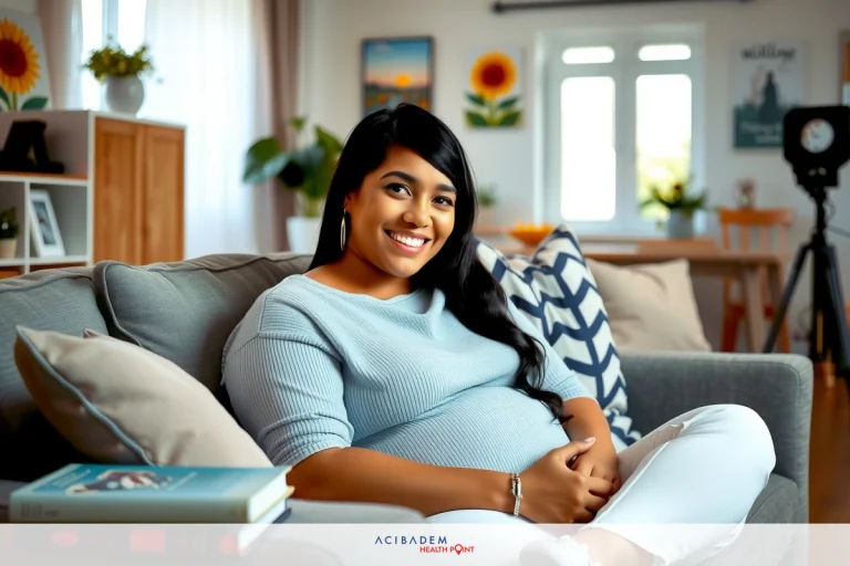 This is a photo of a smiling woman sitting on a gray couch. She appears to be in a comfortable, well-decorated living room with light blue walls and pictures hanging above the couch. The woman has dark hair, is wearing a sweater, and seems relaxed and at ease.