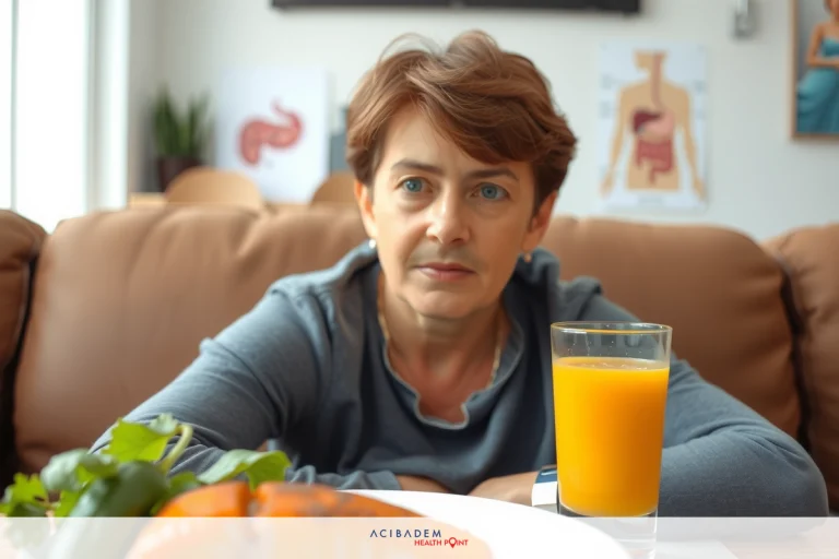 Can Bariatric Surgery Cause Ulcers? The image depicts a woman sitting on a sofa. She is holding a plate with what appears to be a slice of cake and an orange, and there's a glass of orange juice in front of her. The setting suggests a casual, indoor environment, possibly a home or a small restaurant.