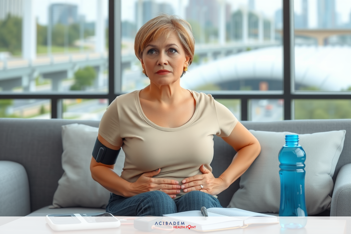 The image depicts a woman sitting on a sofa. She is holding a plate with what appears to be a slice of cake and an orange, and there's a glass of orange juice in front of her. The setting suggests a casual, indoor environment, possibly a home or a small restaurant.
