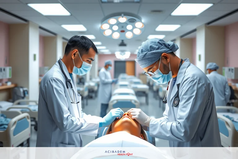 Medical professionals performing a procedure on a patient in a hospital setting. The team is wearing surgical gowns and masks, indicating an operating room environment.
