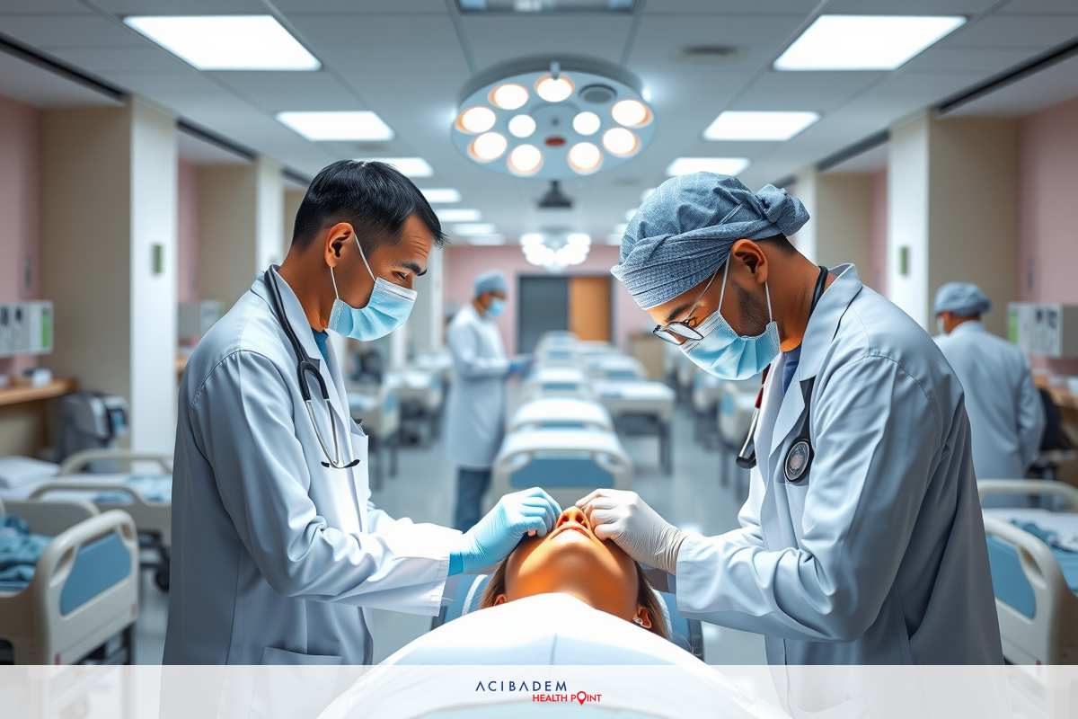 Medical professionals performing a procedure on a patient in a hospital setting. The team is wearing surgical gowns and masks, indicating an operating room environment.