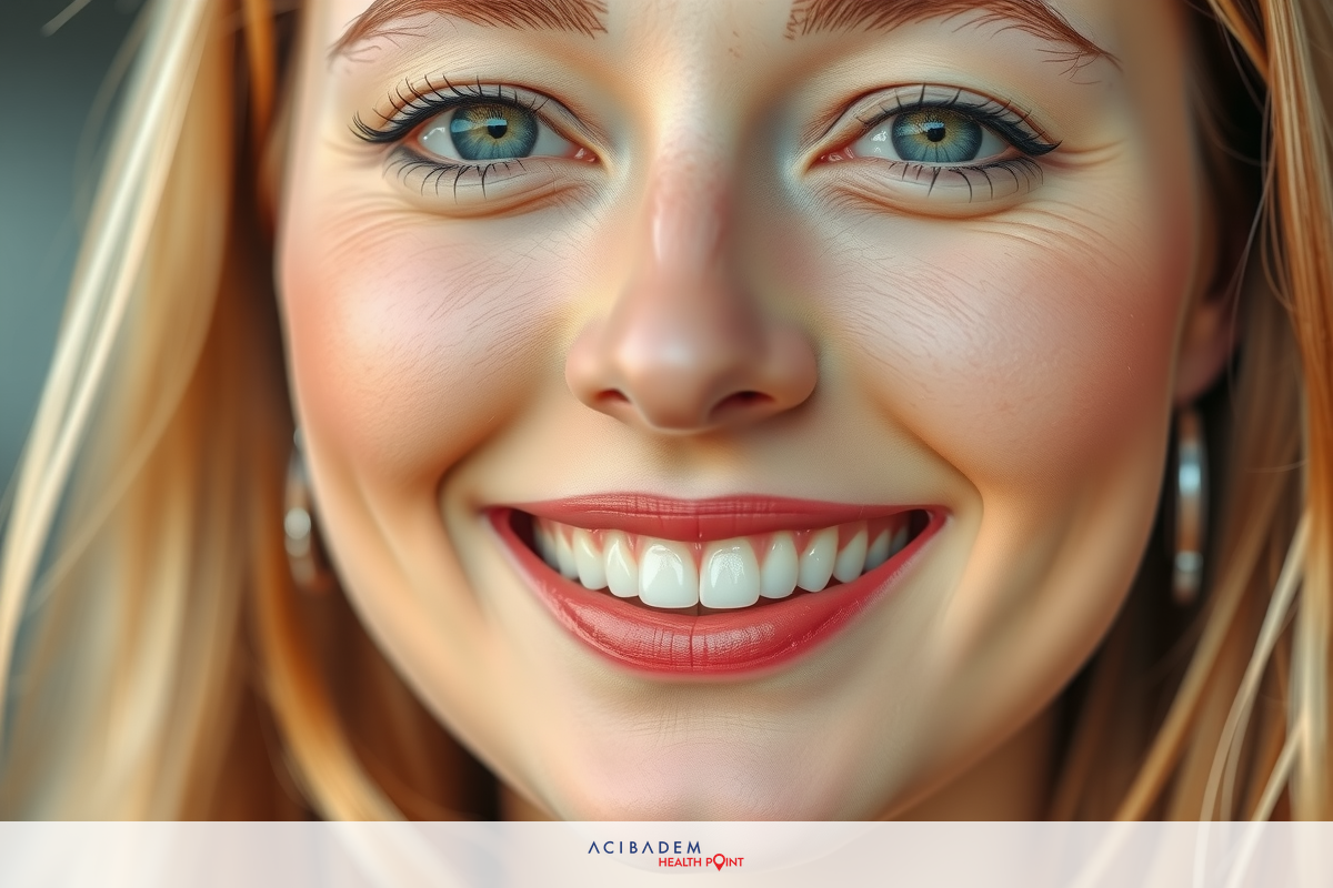 The image depicts a woman with a broad smile, looking directly at the camera. She has red hair and appears to be in a cheerful mood. The background is neutral with natural lighting that casts soft shadows on her face, highlighting her features. The colors are warm with skin tones contrasted against the cooler surroundings. Overall, the image conveys a positive and friendly atmosphere.