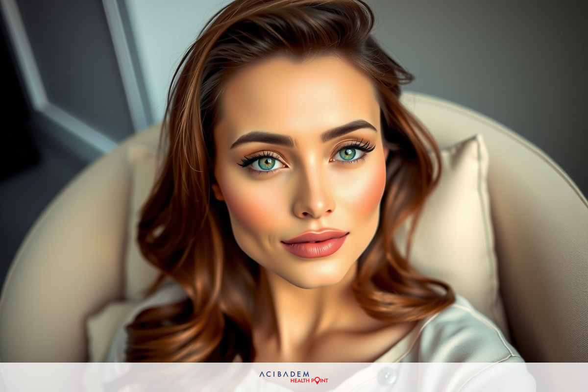 The image features a woman with red hair and striking blue eyes. She has a neutral expression on her face. Her makeup is done in soft, natural tones. The background is out of focus but appears to be indoors. There are no other objects or individuals in the frame.