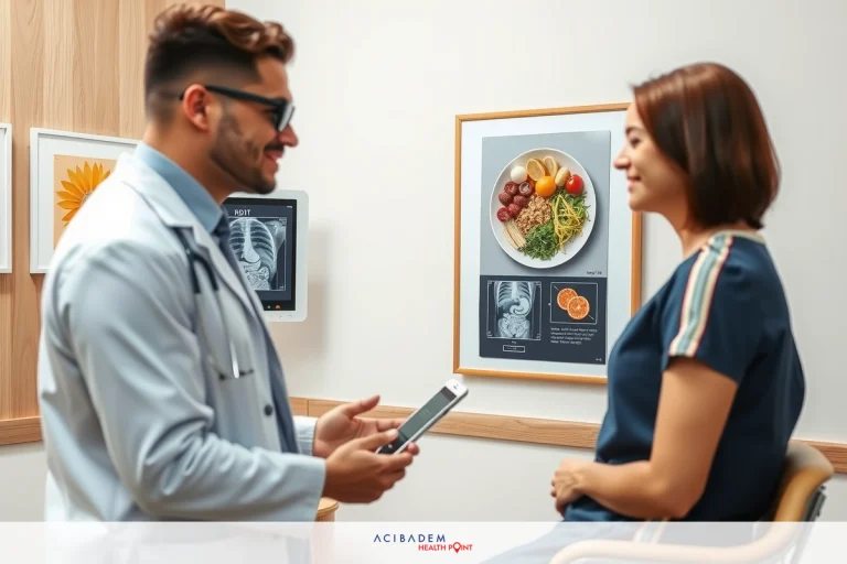 This is a photo of a doctor's office. In the foreground, there is a male physician wearing glasses, smiling at his female patient who is sitting in front of him. The physician is holding a tablet and appears to be checking her medical records or prescribing medication.