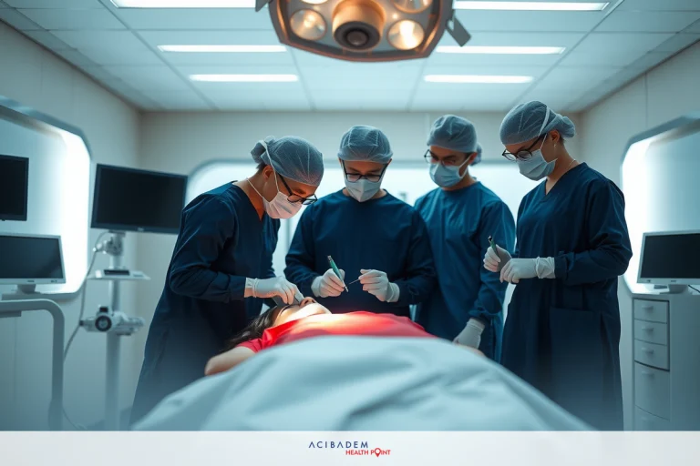 In the image, a group of four surgeons is operating on a patient in an emergency room setting. The surgeons are all wearing surgical masks and scrubs, indicating the sterile environment. They are focused on their task, with one of them holding a scalpel. The patient is lying on a stretcher, covered by a sterile sheet, with monitors above to track vital signs. There are no visible texts or brands in the image.