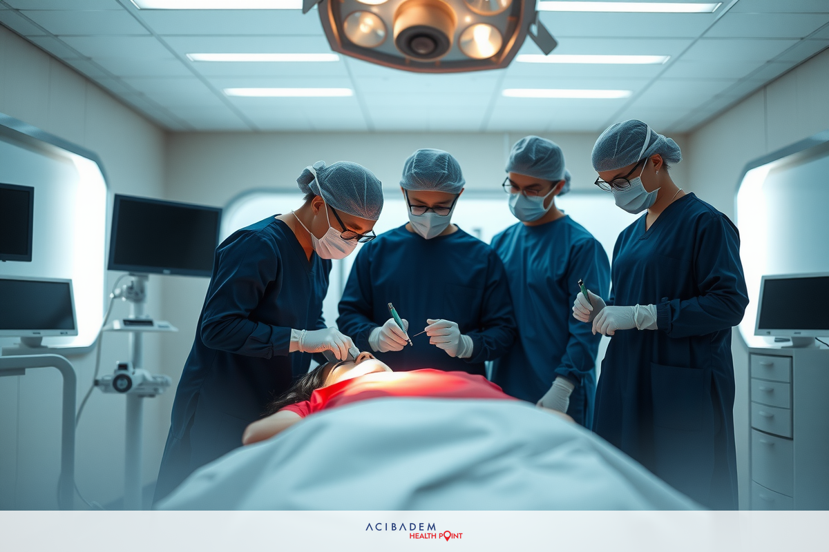 In the image, a group of four surgeons is operating on a patient in an emergency room setting. The surgeons are all wearing surgical masks and scrubs, indicating the sterile environment. They are focused on their task, with one of them holding a scalpel. The patient is lying on a stretcher, covered by a sterile sheet, with monitors above to track vital signs. There are no visible texts or brands in the image.