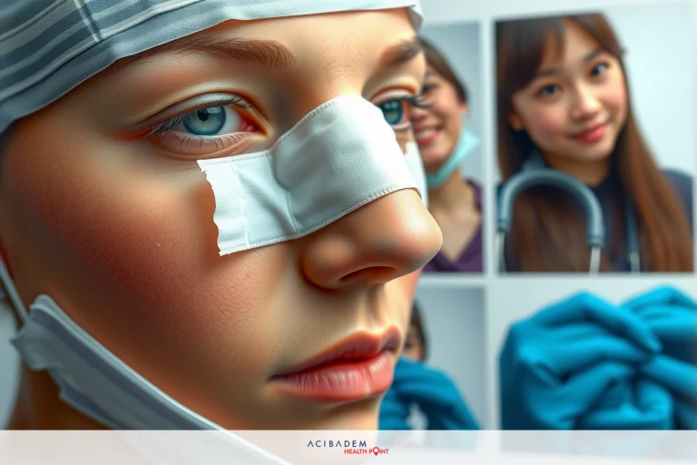 The image shows a woman with a bandage on her forehead and nose, reflecting in the mirror. There is also a photo-in-photo of another girl's face with similar facial features. The setting appears to be an indoor bathroom or hospital environment.