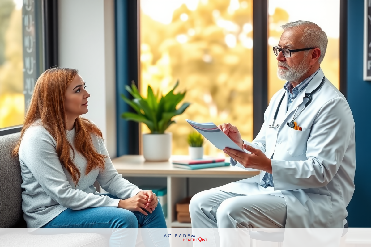 The image shows a medical consultation in an office setting. A female patient is sitting while a male doctor stands before her, holding a clipboard and papers, indicating he may be taking notes or reviewing a medical record. The room has natural light, suggesting it could be late afternoon or early evening. Both the patient and doctor appear to be engaged in a professional conversation.