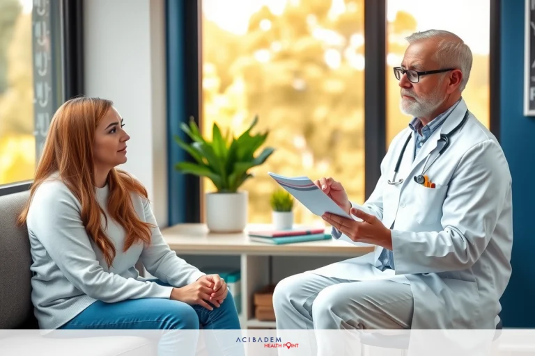 How Safe is a Gastric Sleeve? The image shows a medical consultation in an office setting. A female patient is sitting while a male doctor stands before her, holding a clipboard and papers, indicating he may be taking notes or reviewing a medical record. The room has natural light, suggesting it could be late afternoon or early evening. Both the patient and doctor appear to be engaged in a professional conversation.