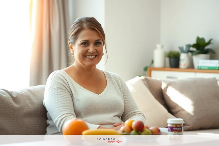 A smiling woman in a living room. She's wearing a white top and sits on a grey couch with fruit and bootle of medicine on a table in front of her.