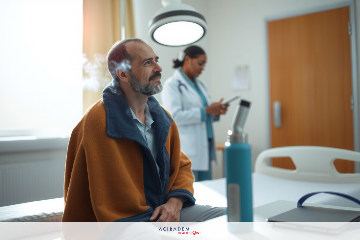 The image portrays a man sitting in a hospital bed, being attended to by medical professionals. The patient is dressed in a brown robe, and there are various medical devices around him.