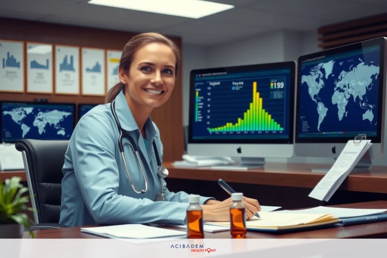 How Much is Nose Bridge Surgery? This is a photograph of a female doctor sitting at a desk in an office environment. She is wearing a blue medical gown, has her hair tied back, and is smiling at the camera. In front of her are multiple computer screens displaying various health-related data such as graphs and charts. There is also a potted plant on the desk.