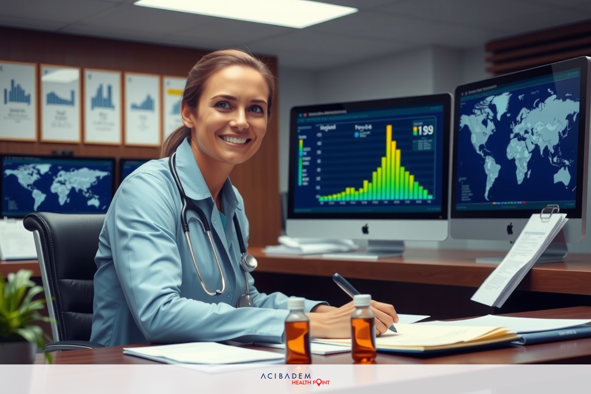This is a photograph of a female doctor sitting at a desk in an office environment. She is wearing a blue medical gown, has her hair tied back, and is smiling at the camera. In front of her are multiple computer screens displaying various health-related data such as graphs and charts. There is also a potted plant on the desk.