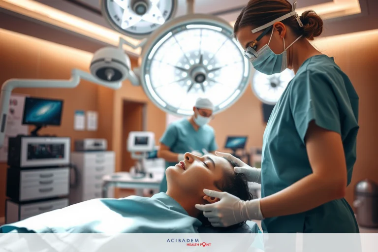 Best Revision Rhinoplasty in Turkey Medical professionals preparing a patient for surgery or examination. Includes operating table with headrest, various medical equipment and scrubs on staff.