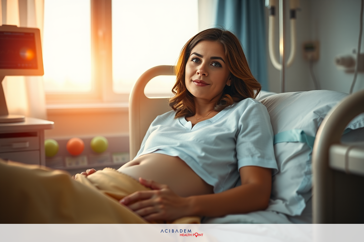 The image shows a woman lying in a hospital bed. She is smiling, appearing happy and content. The environment suggests she is in a well-lit room with natural light coming through the window.