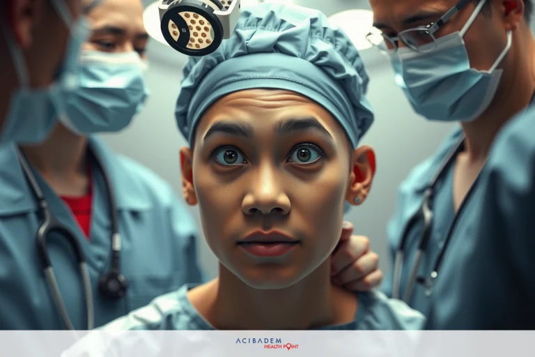 A man in a hospital environment, surrounded by medical professionals wearing surgical attire. The focus is on the interaction between the man and his medical team.