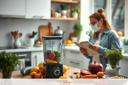 The image depicts a woman in a kitchen environment, wearing a face mask and using a blender. The kitchen is well-lit with natural light coming through the window, suggesting it's daytime. On the countertop, there are various fruits such as bananas, apples, and oranges.