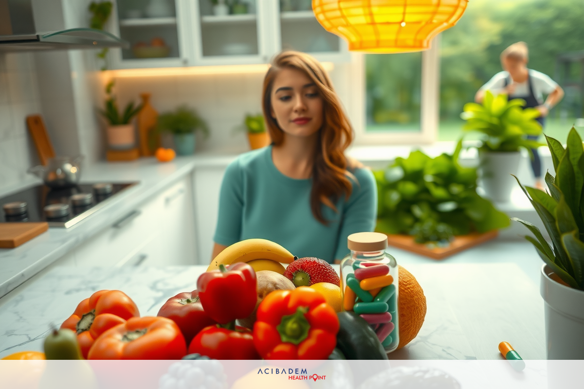 Woman in blue sweater standing in a kitchen with an array of fresh produce on the counter, including bananas and tomatoes. The environment is well-lit, suggesting a pleasant day. Her stance indicates she's at ease, possibly about to prepare a meal. There are some potted plants adding to the homey atmosphere.