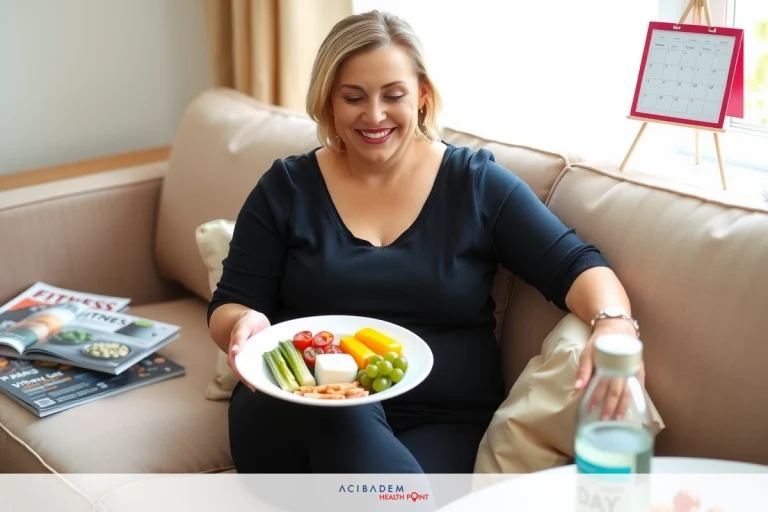 How Long Does a Gastric Sleeve Surgery Take? A woman sitting on a couch, holding a plate of food. She appears to be looking at the plate with anticipation, as she smiles. The setting is indoors, possibly in a living room or dining area. The atmosphere seems casual and relaxed.
