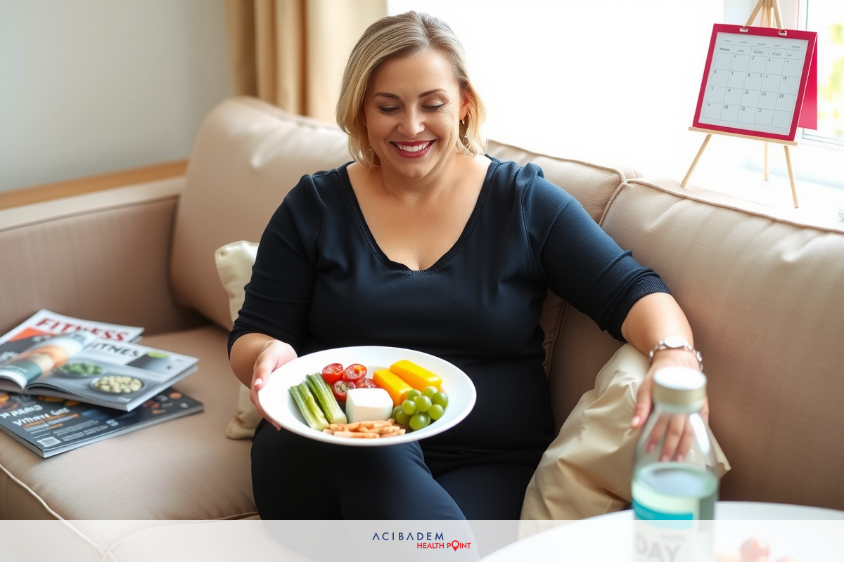 A woman sitting on a couch, holding a plate of food. She appears to be looking at the plate with anticipation, as she smiles. The setting is indoors, possibly in a living room or dining area. The atmosphere seems casual and relaxed.
