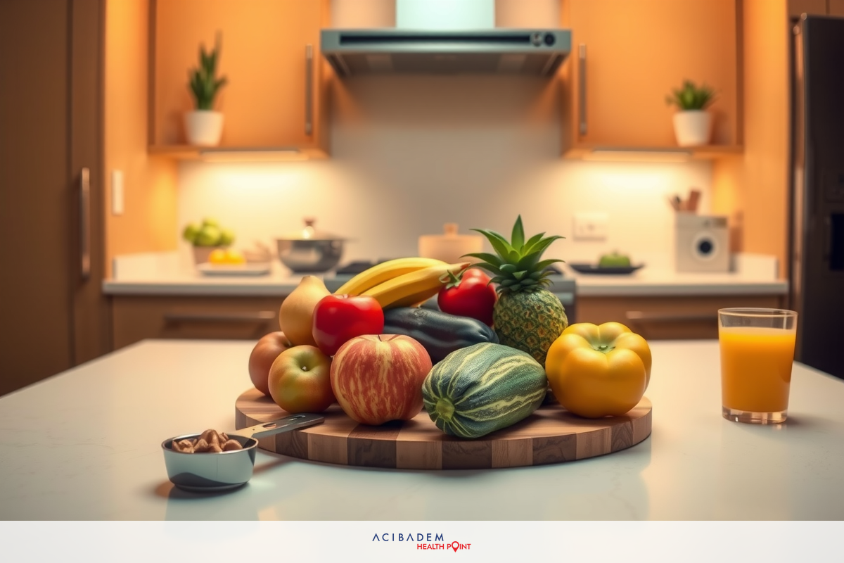 The image displays a kitchen counter featuring a variety of fruits and vegetables arranged on a wooden tray. In the background, there's a stove with a range hood above it. The presence of a bowl suggests this may be part of meal preparation.