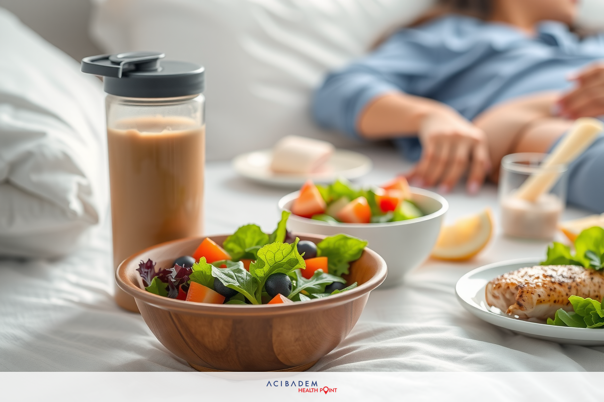 A person in a white bedroom with a view of a meal. A healthy lunch spread on the bed includes a bowl of salad, a smoothie, and some bread. The meal suggests a focus on nutrition.