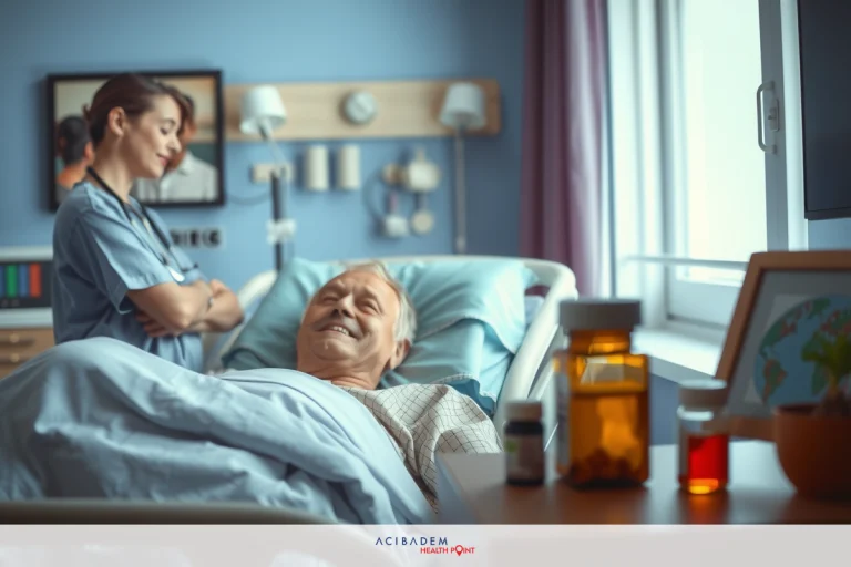 Medical scene with a nurse and patient in a hospital room. Patient is lying on bed, smiling, while a nurse stands by, appearing serious.