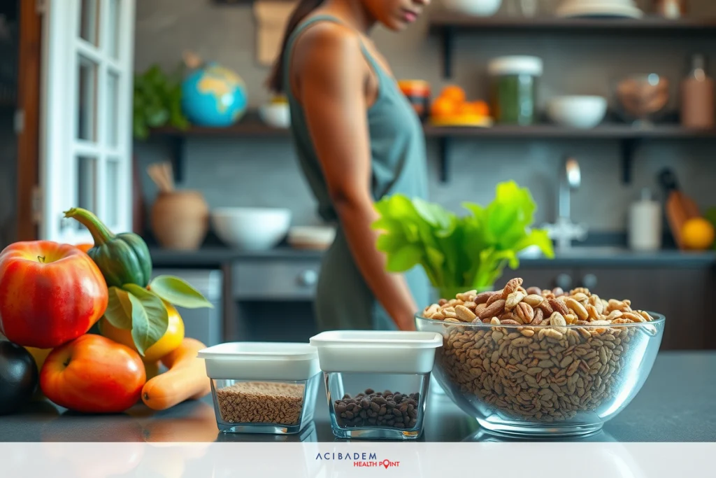 The image depicts a woman standing at a kitchen counter filled with various types of food. There are bowls containing grains, fruits like oranges and apples, and nuts such as almonds. The setting suggests a health-conscious environment where the person may be preparing meals using natural ingredients.