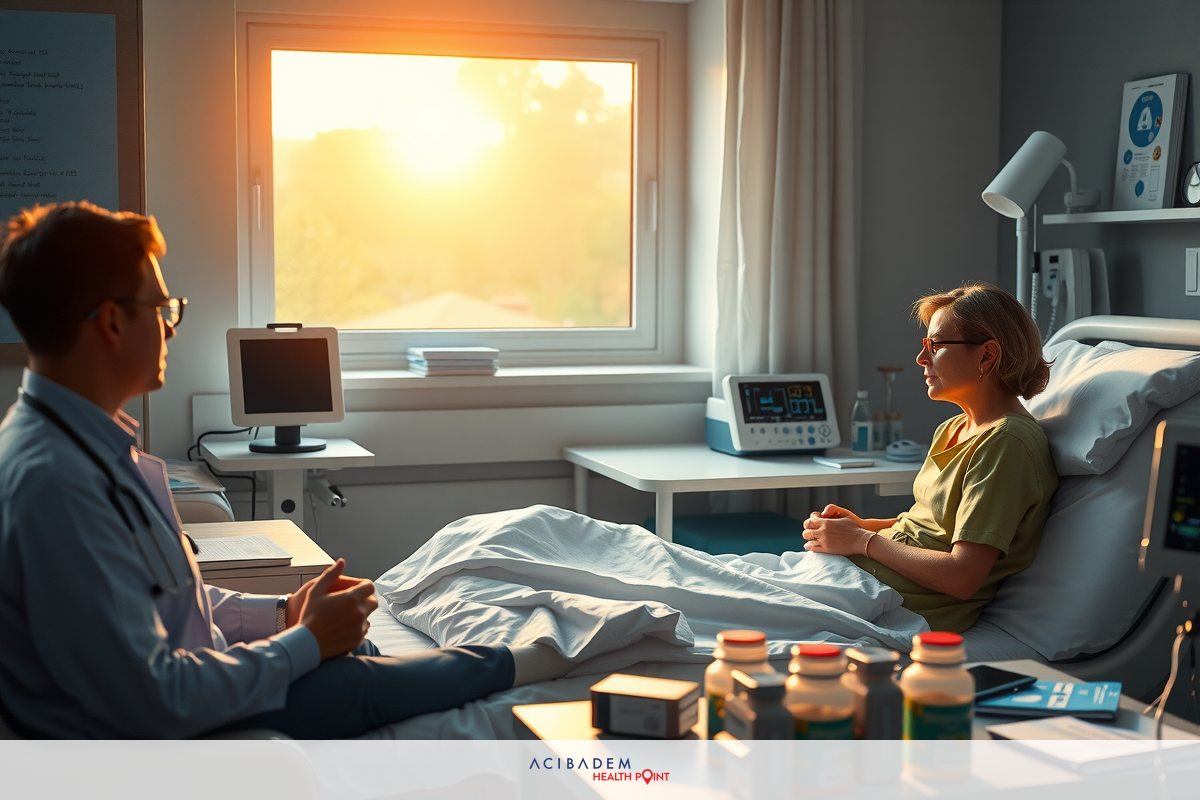 The image shows a medical setting with a woman lying in a hospital bed and a doctor standing beside her. The woman is wearing a hospital gown, suggesting she might be a patient under the care of the physician. Both individuals are focused on each other, indicating an interaction that could be related to medical treatment or consultation. A window in the background lets in natural light, possibly from a sunset, giving a warm and serene atmosphere to the scene.