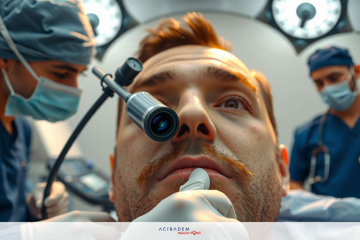 The image shows a male patient lying on an operating table, undergoing medical procedures. He appears to be receiving treatment for his nose or face, as suggested by the presence of surgical instruments and the focused attention of healthcare professionals standing around him.