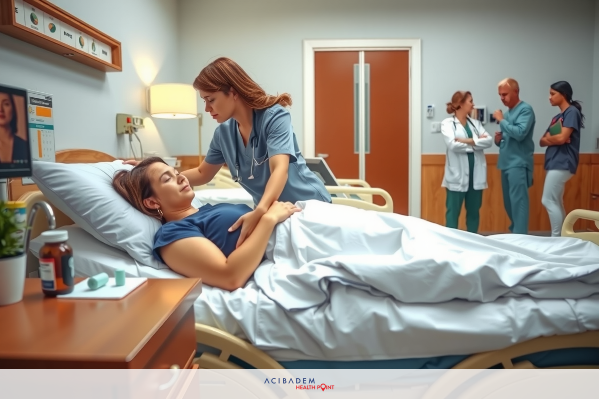 Medical staff interacting with a patient in a hospital room. A nurse assists the patient, surrounded by medical professionals discussing the situation.